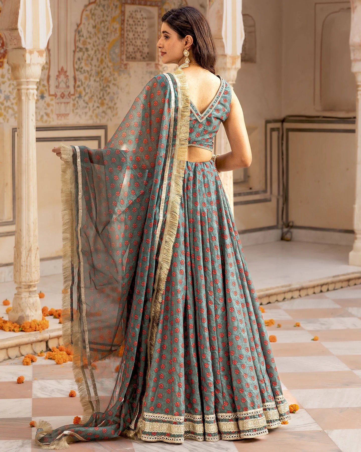 Green Floral & Gota Lehenga Set