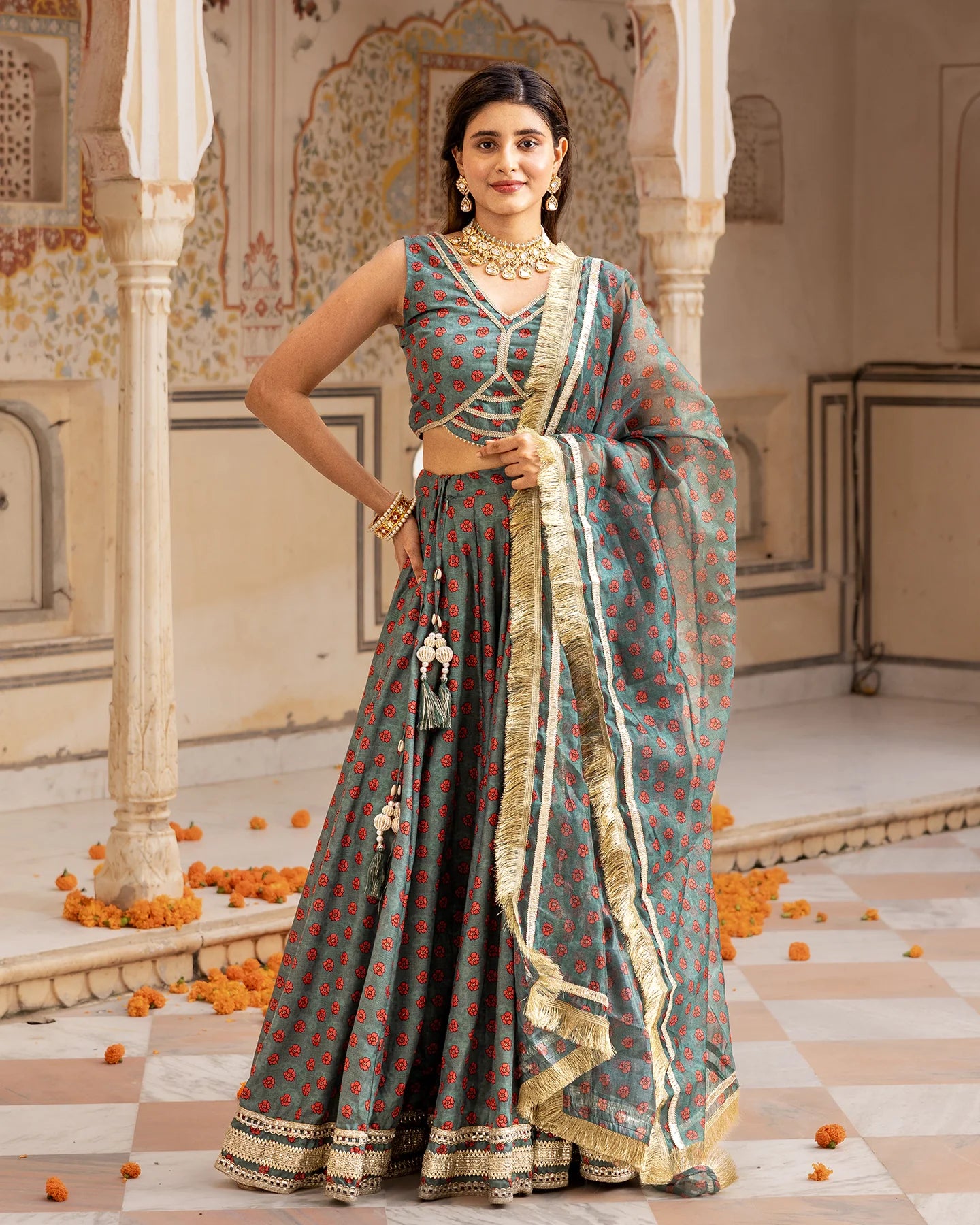 Green Floral & Gota Lehenga Set