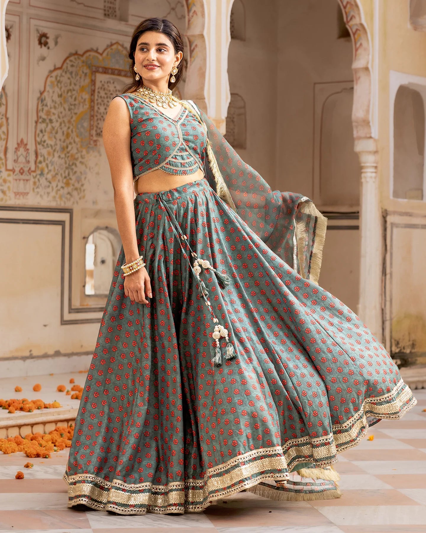 Green Floral & Gota Lehenga Set
