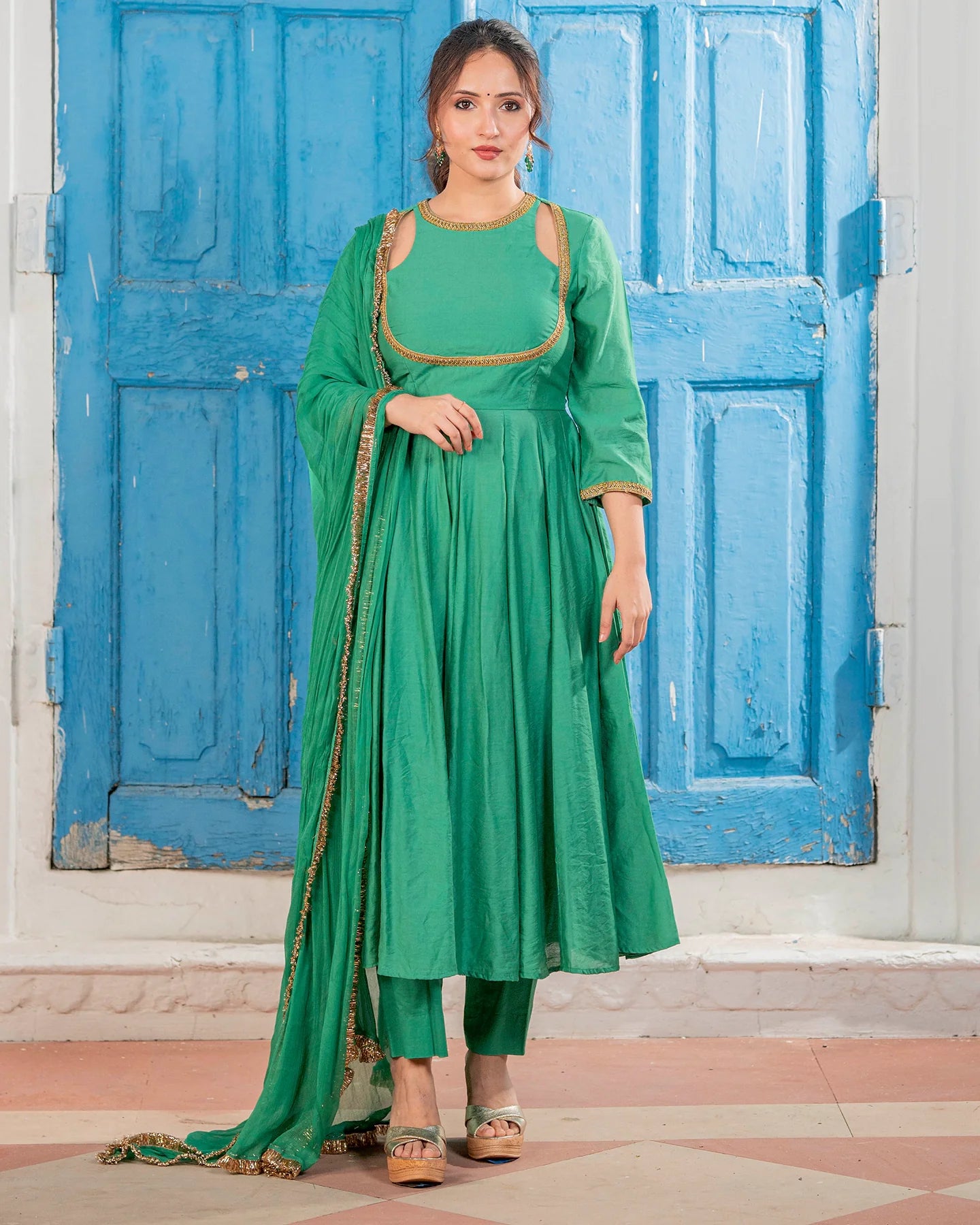 Emerald Chanderi Cut-Out Suit Set