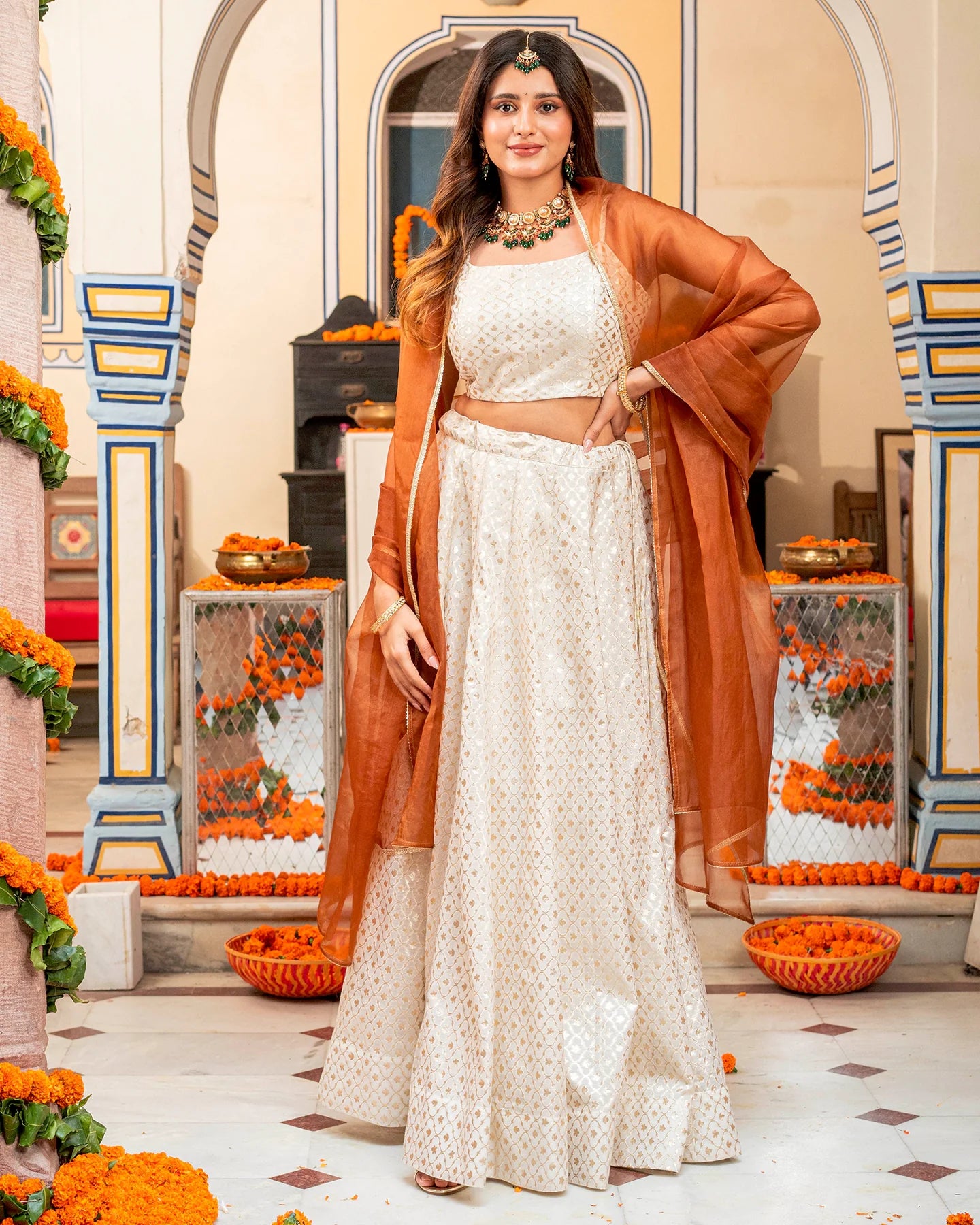 Ivory Self-Embroidered Lehenga Set