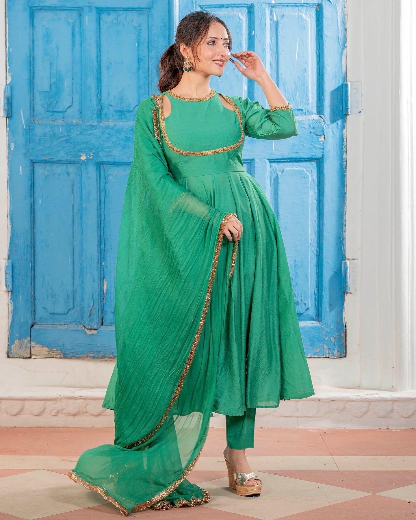 Emerald Chanderi Cut-Out Suit Set