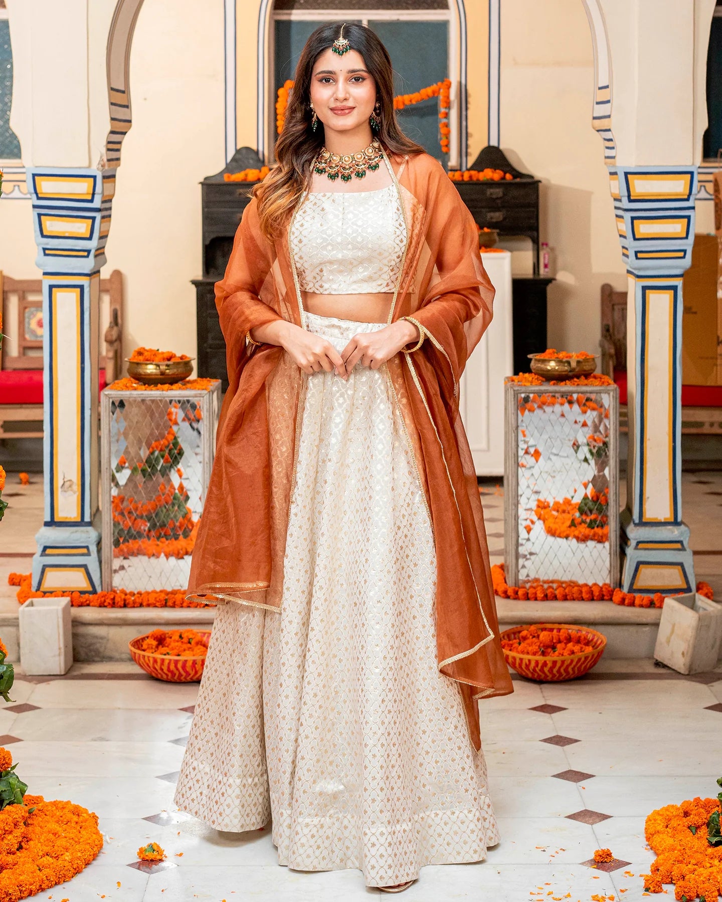 Ivory Self-Embroidered Lehenga Set