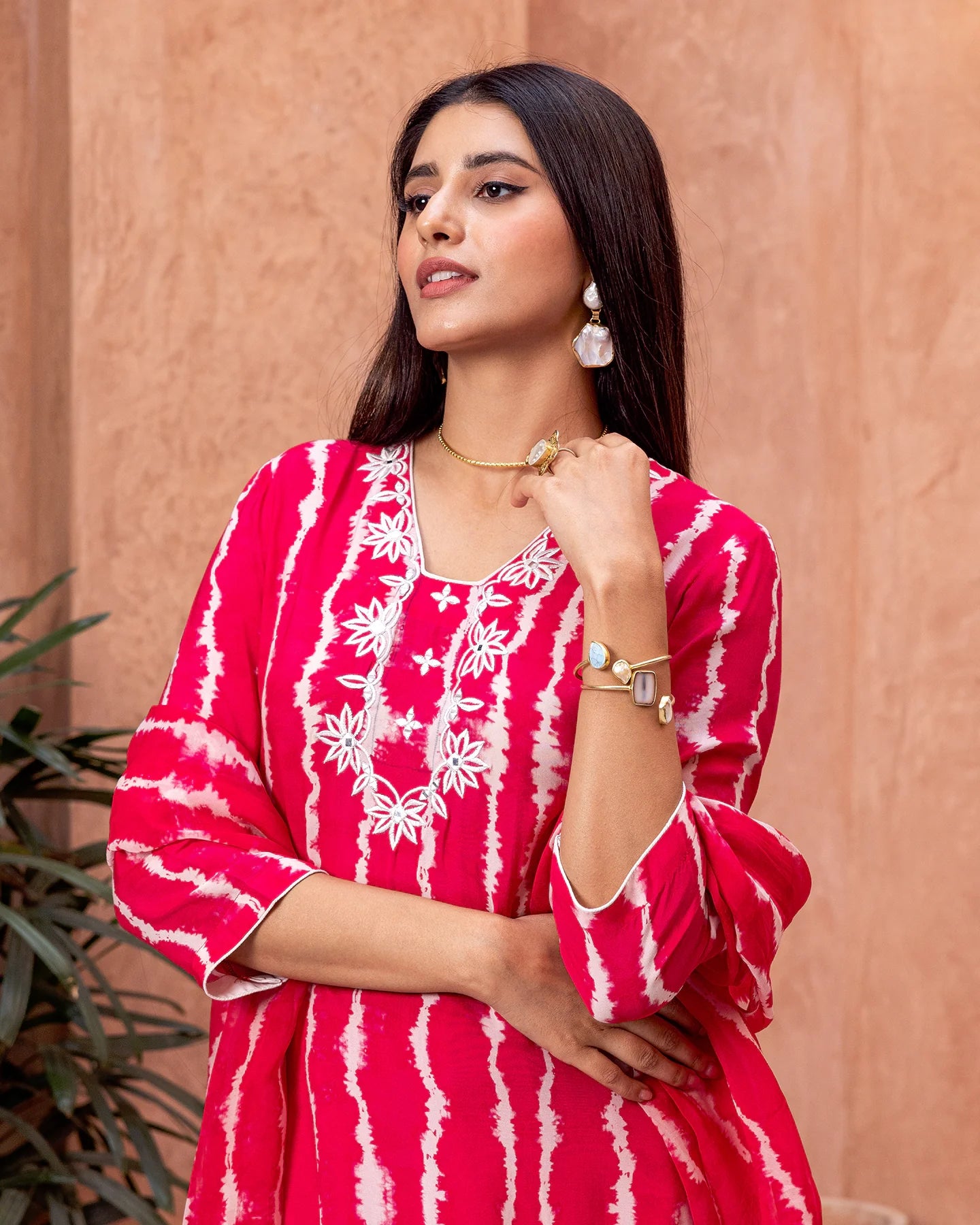 Red Tie-Dye Embroidered Suit Set