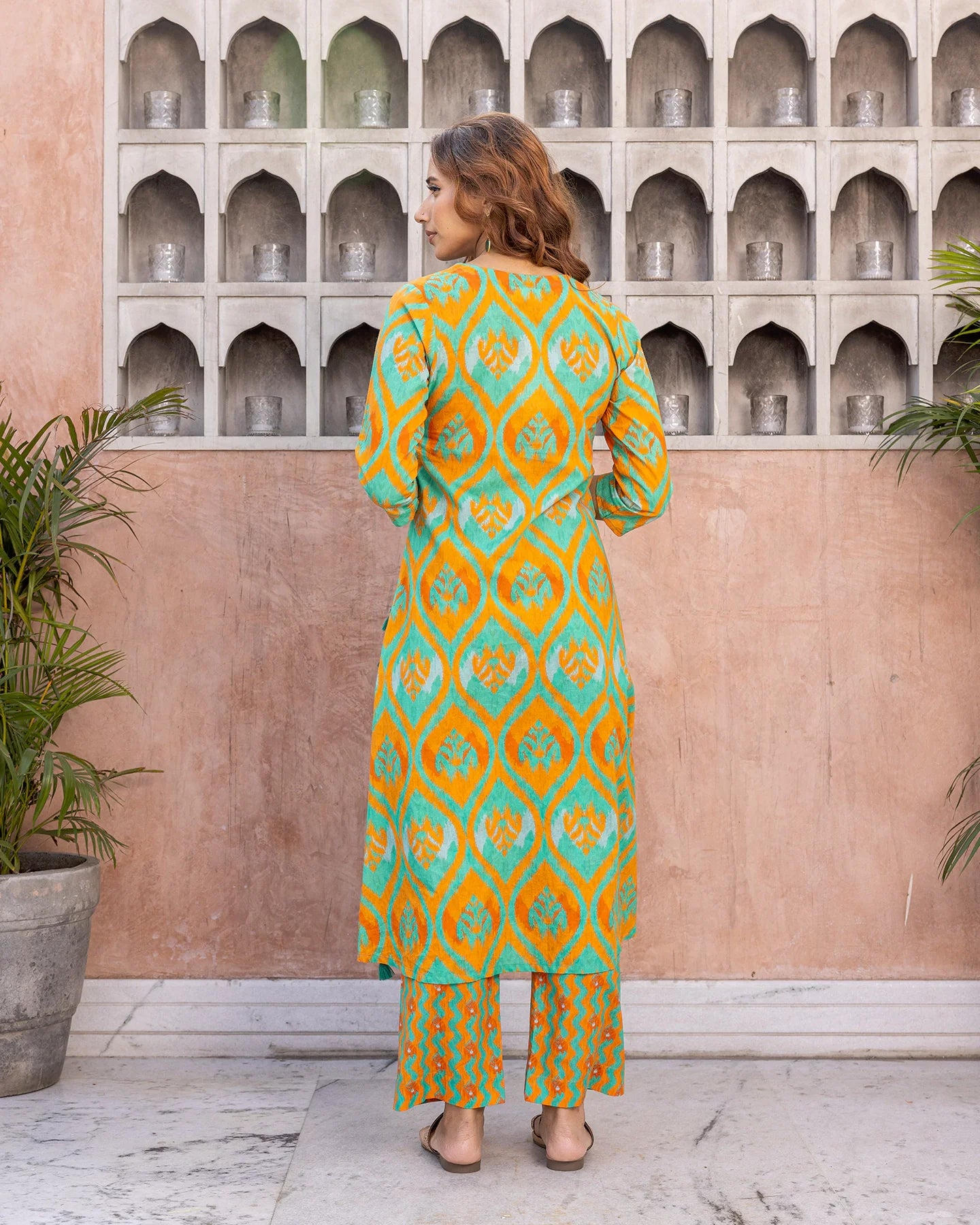 Orange Contrasting Ikat Kurta Set