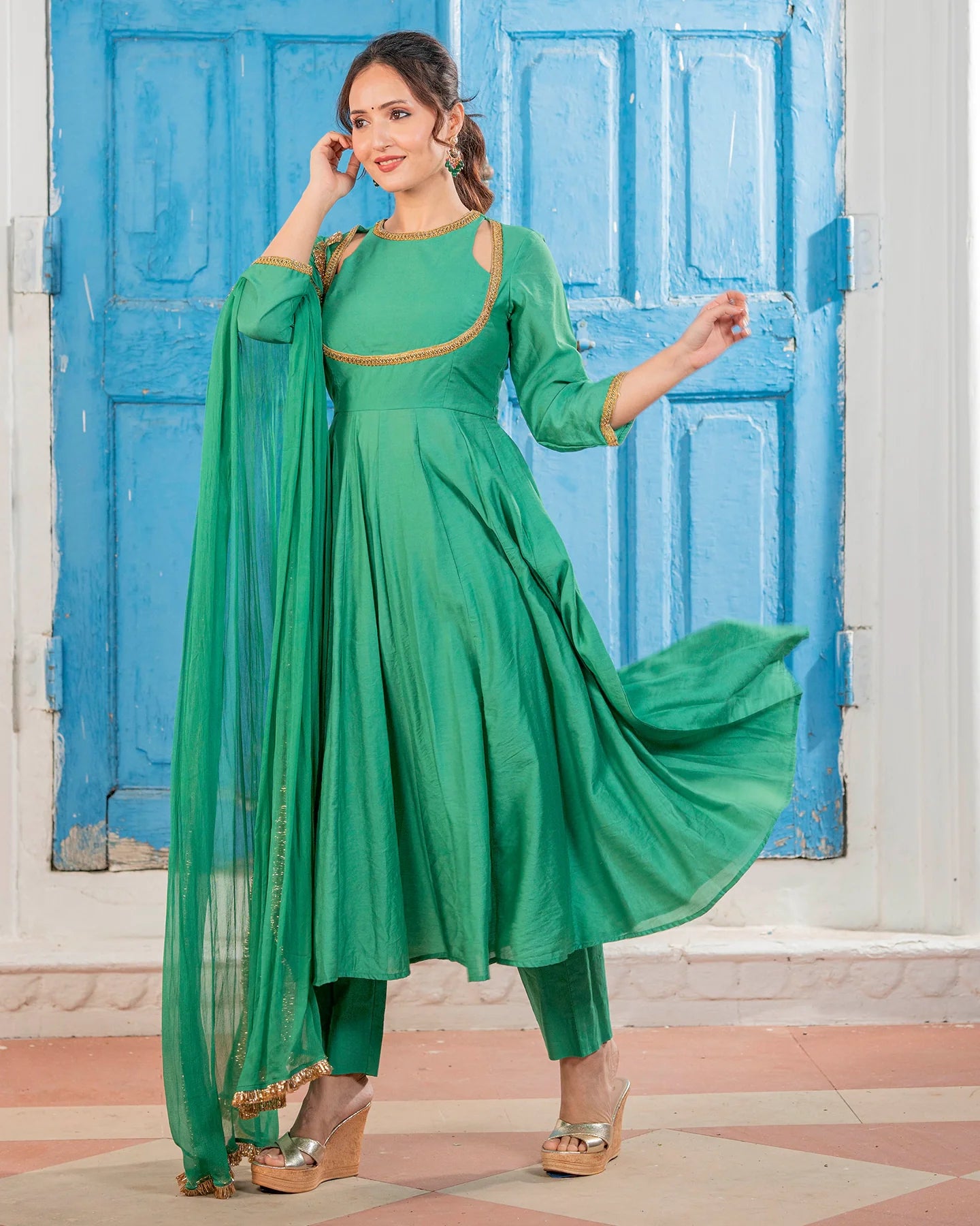 Emerald Chanderi Cut-Out Suit Set