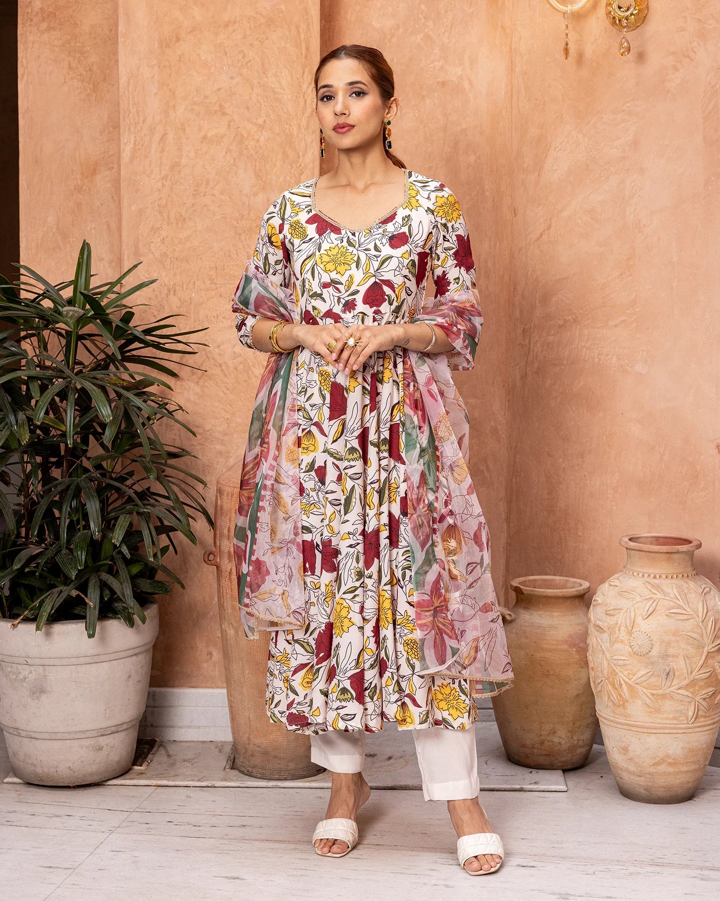 Off White Animated Floral Suit Set