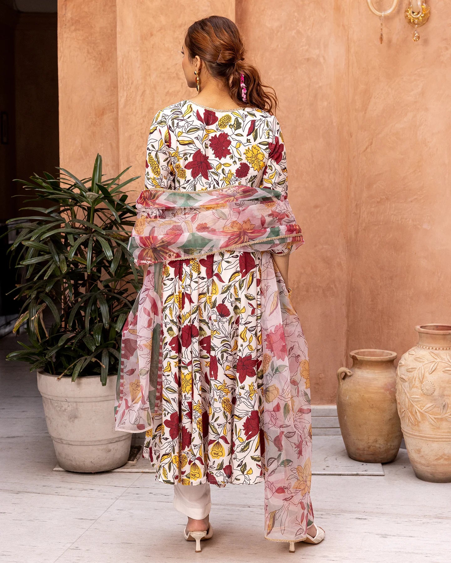 Off White Animated Floral Suit Set
