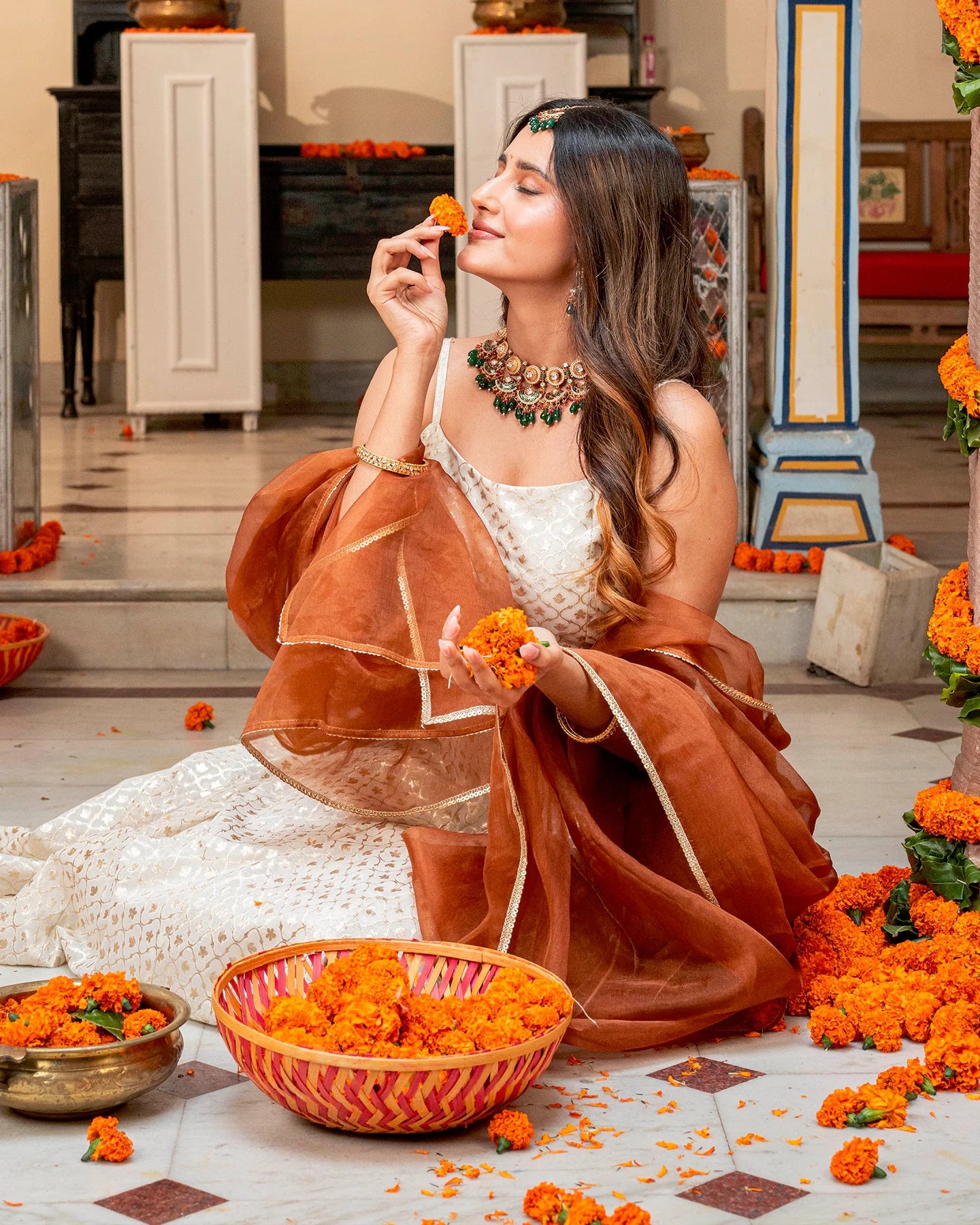 Ivory Self-Embroidered Lehenga Set
