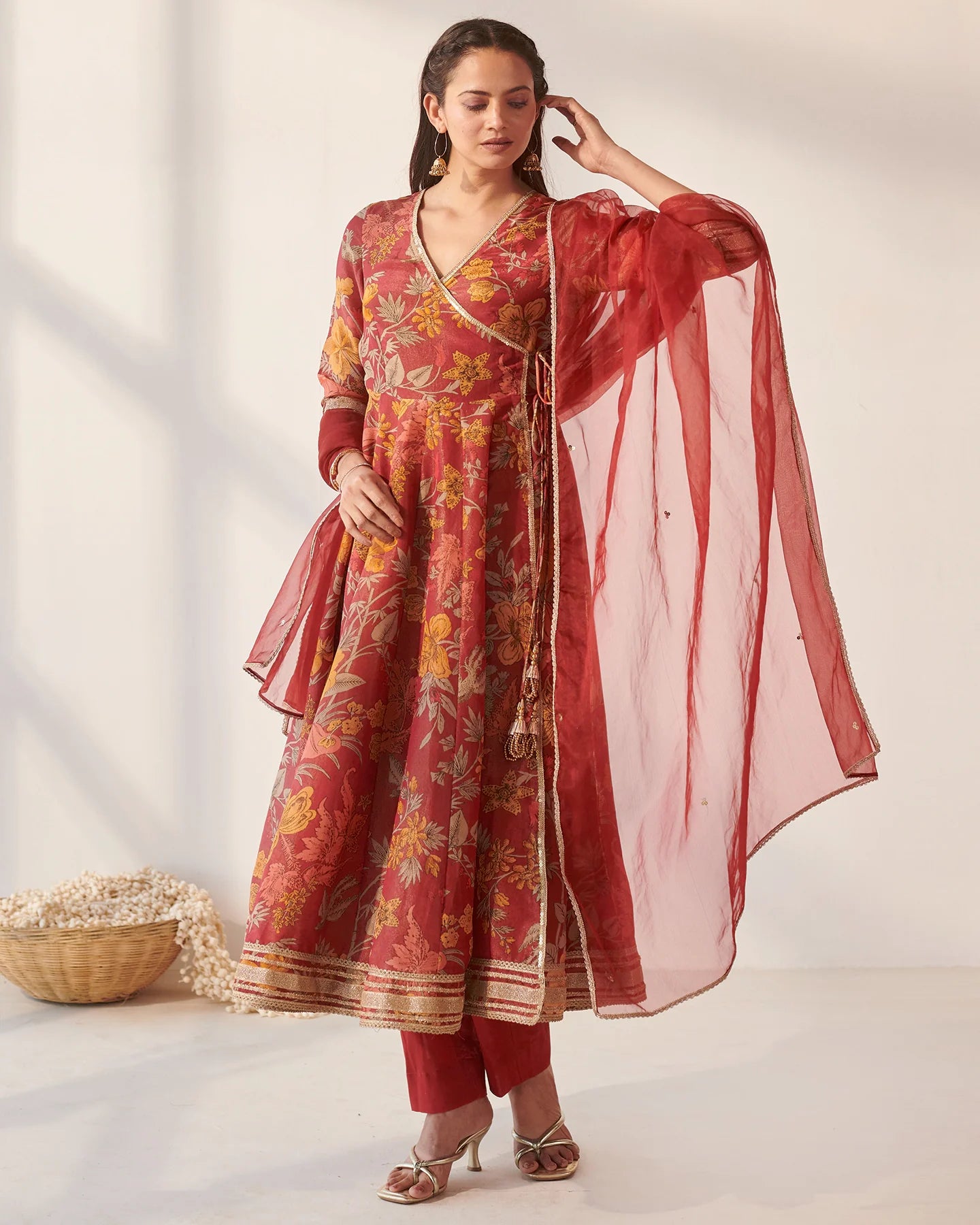 Crimson Floral Angrakha Suit Set