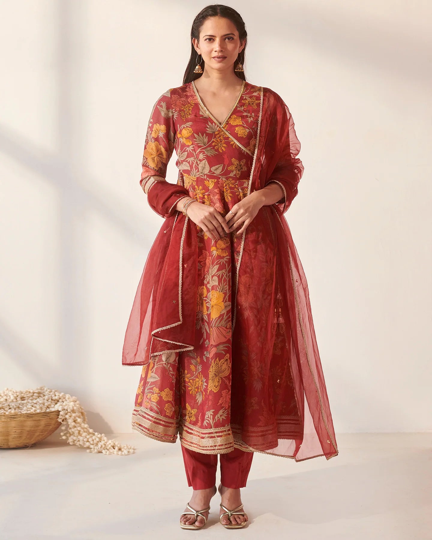 Crimson Floral Angrakha Suit Set