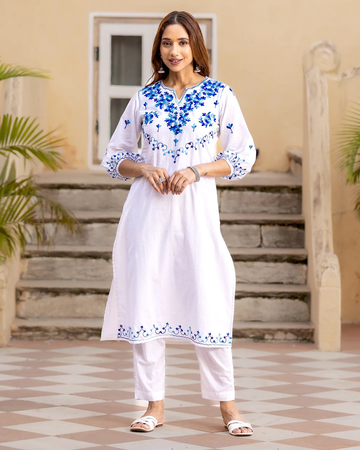 White Aari Work Kurta Set