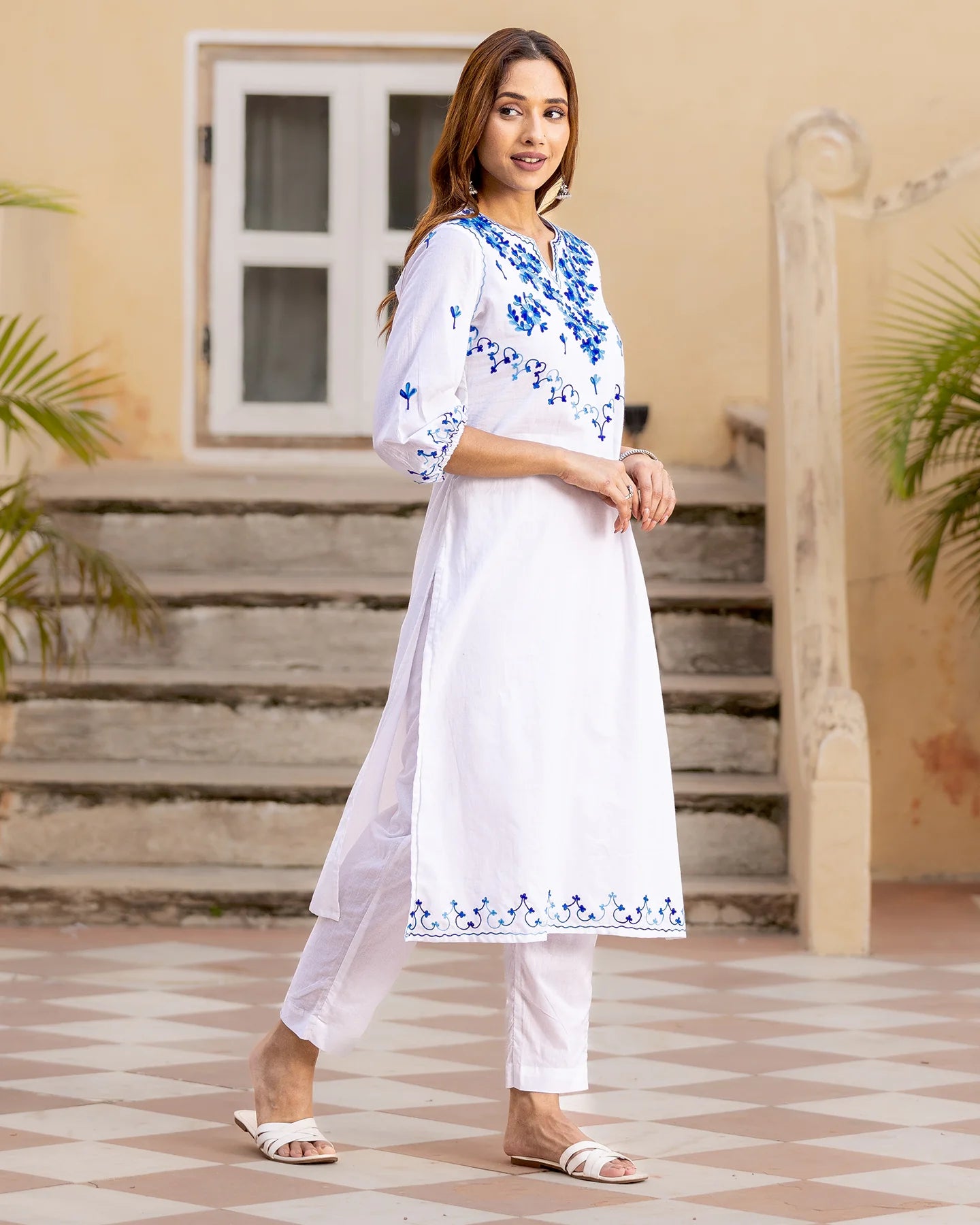 White Aari Work Kurta Set