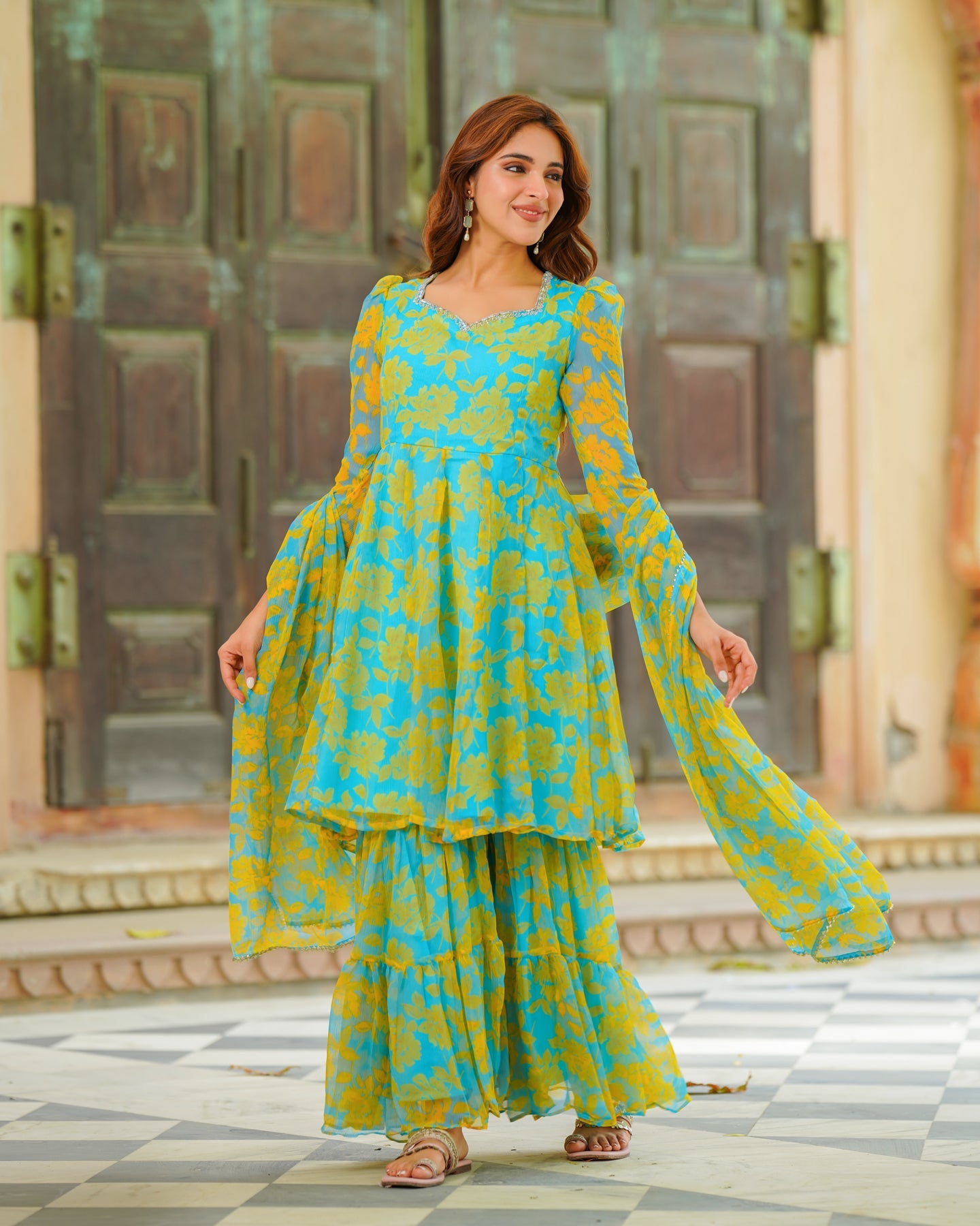 Blue Floral Kalidaar Suit Set