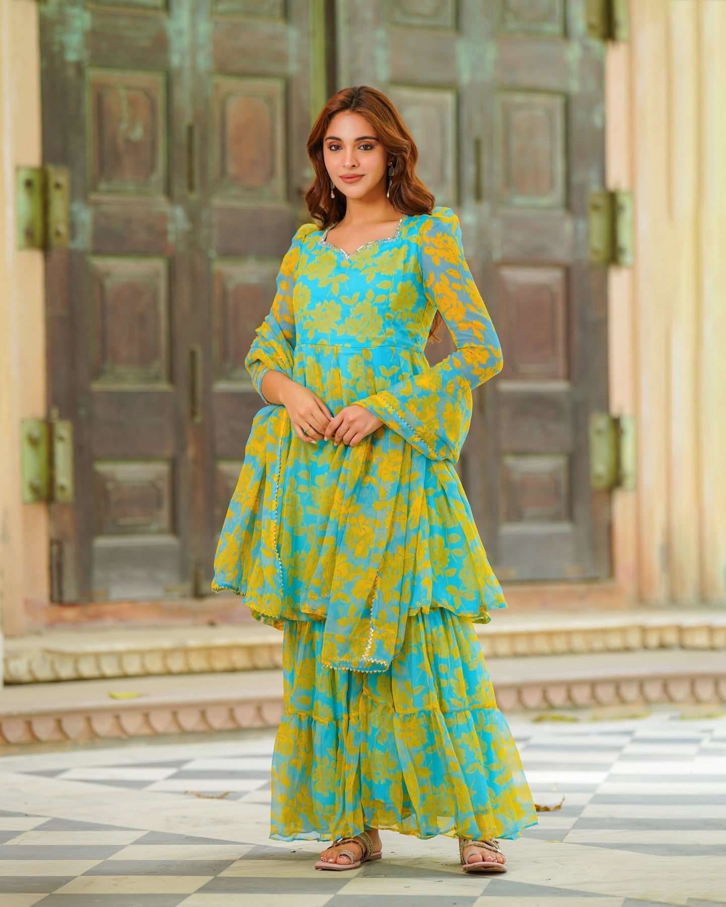 Blue Floral Kalidaar Suit Set