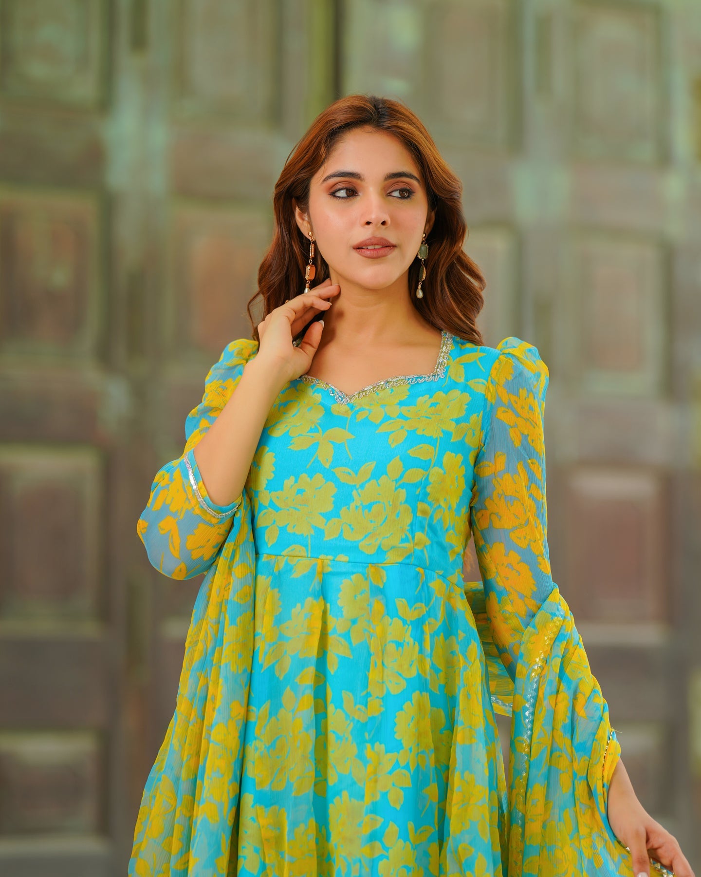 Blue Floral Kalidaar Suit Set