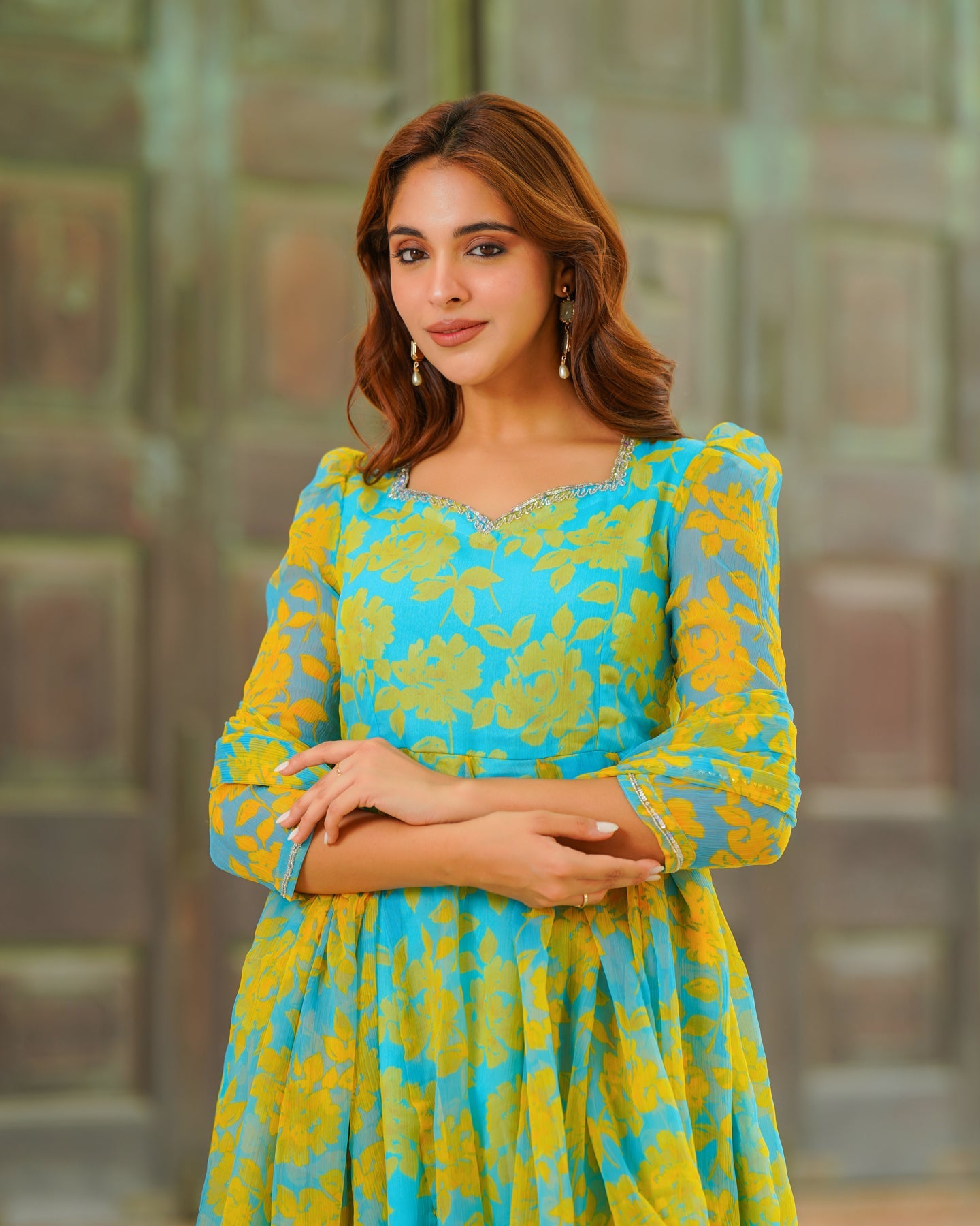 Blue Floral Kalidaar Suit Set