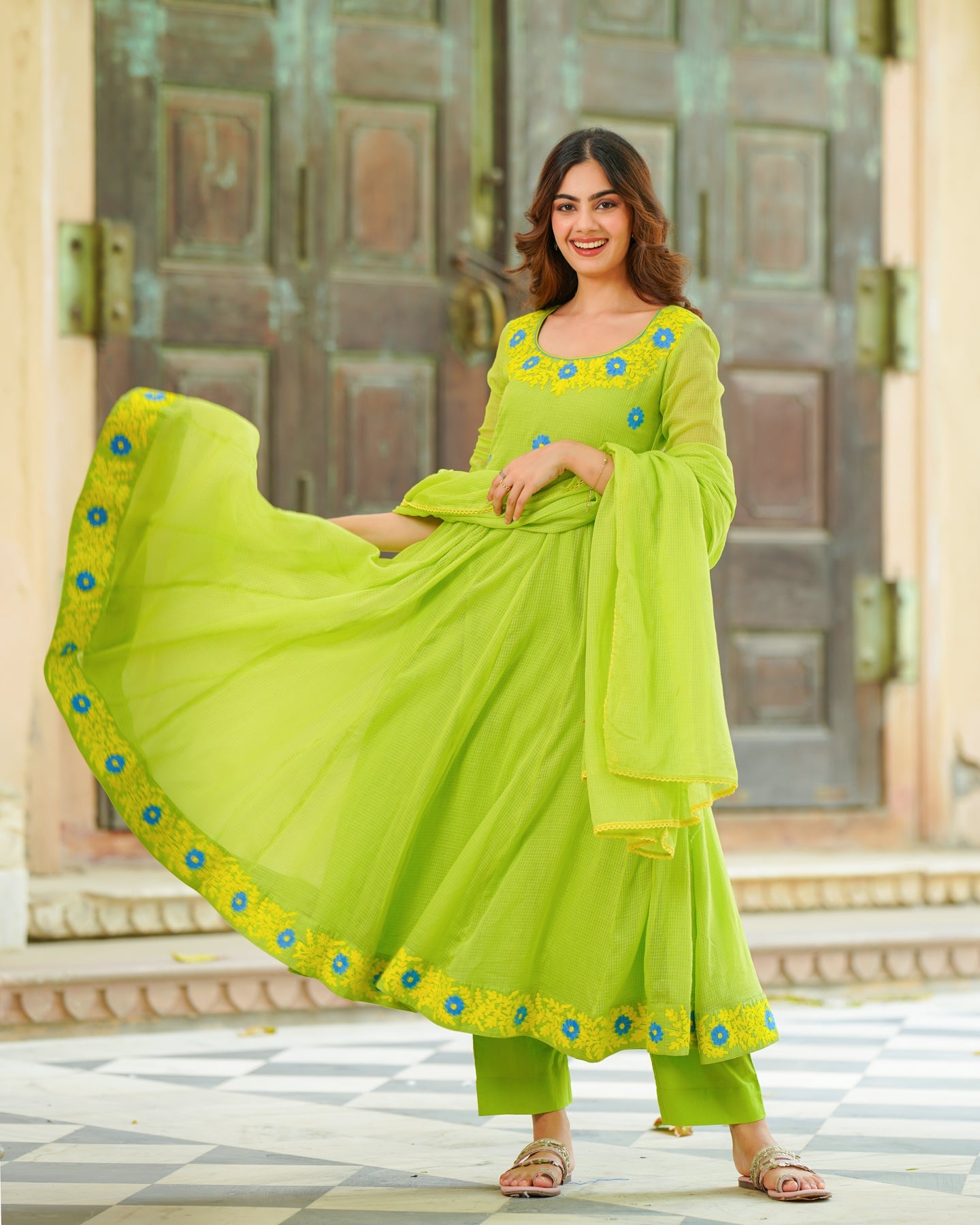 Lime Green Embroidered Suit Set