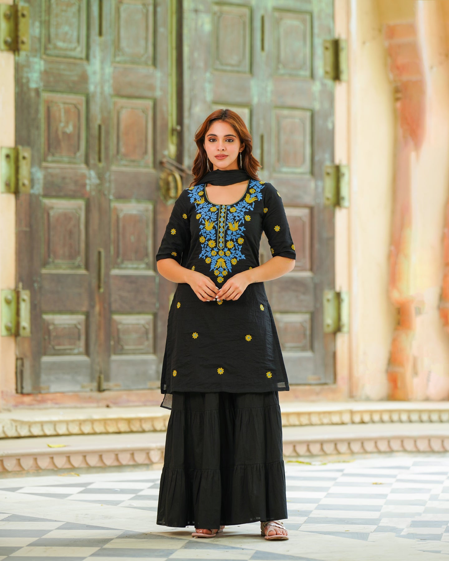 Black Embroidered Sharara Set
