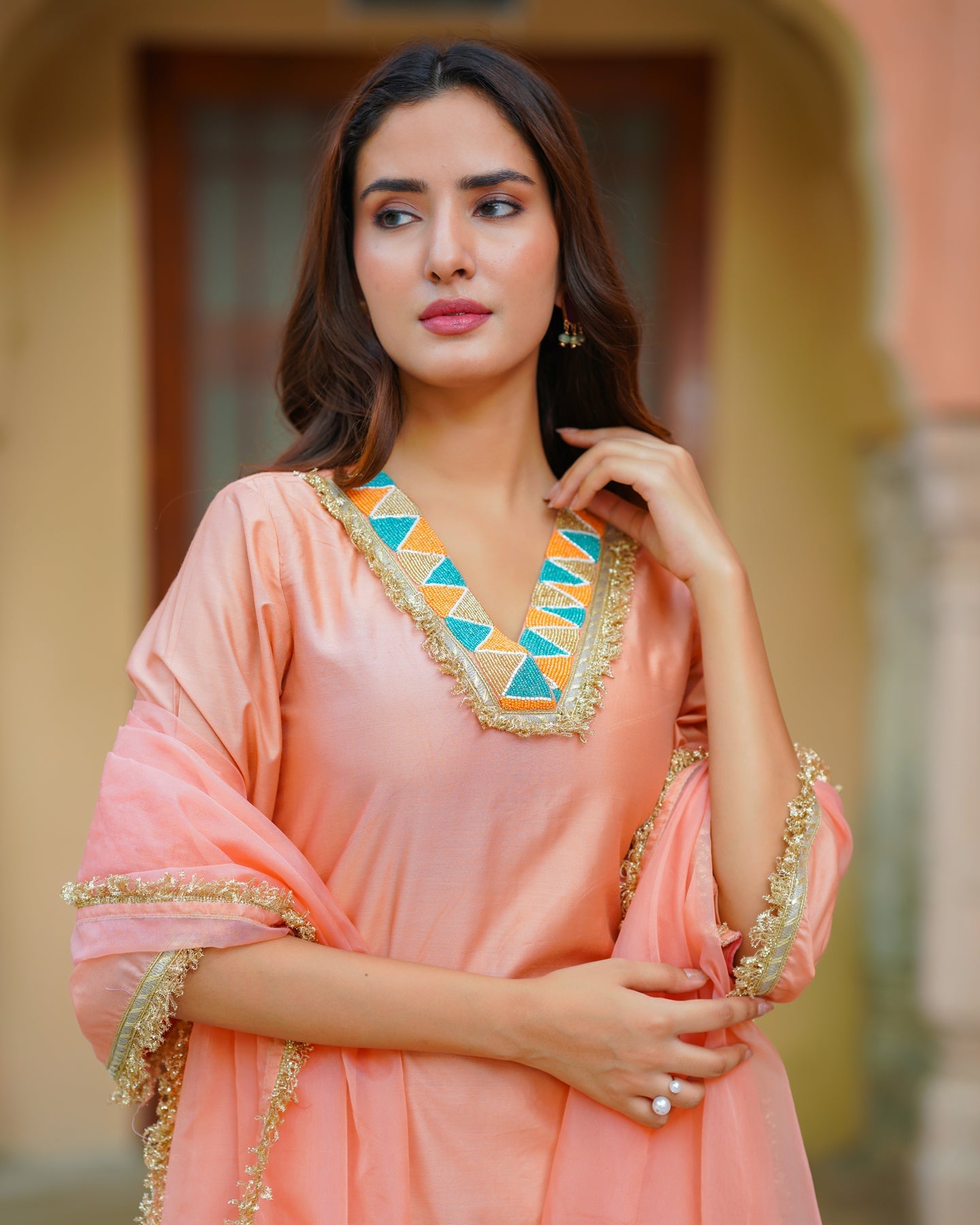 Peach Chanderi Embroidered Suit Set