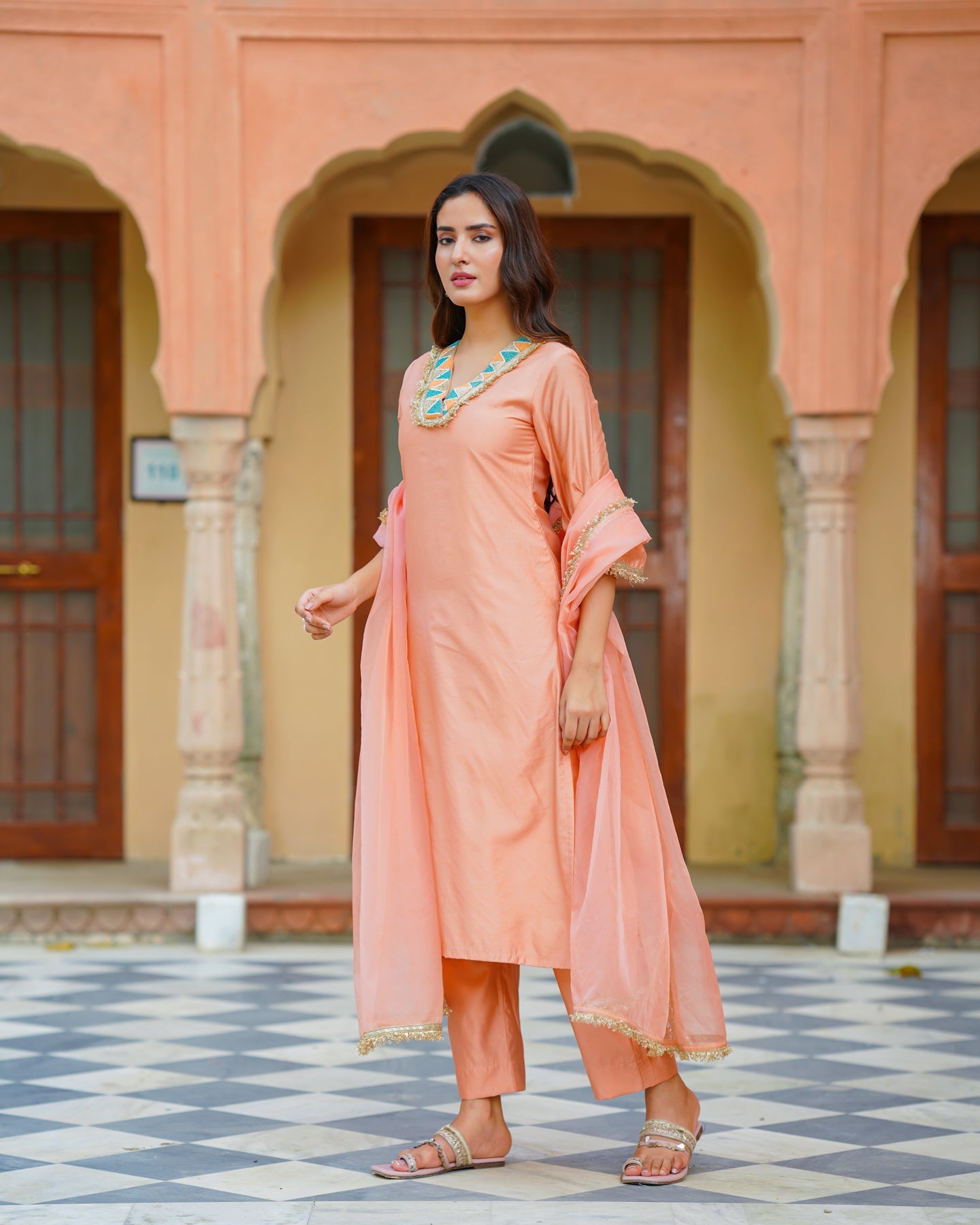 Peach Chanderi Embroidered Suit Set