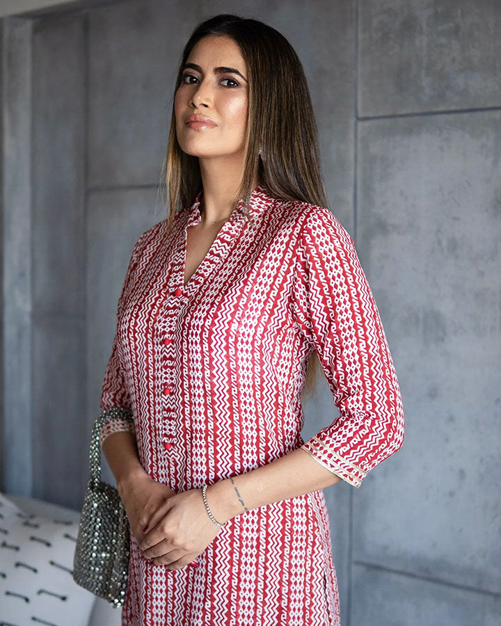 Red Muslin Tribal Print Kurta Set