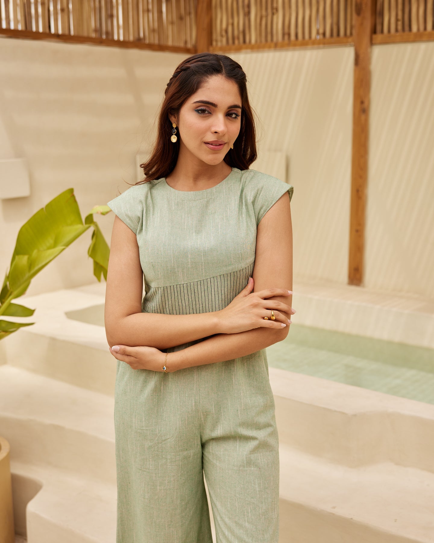 Mint Green Pinstriped-Patch Jumpsuit